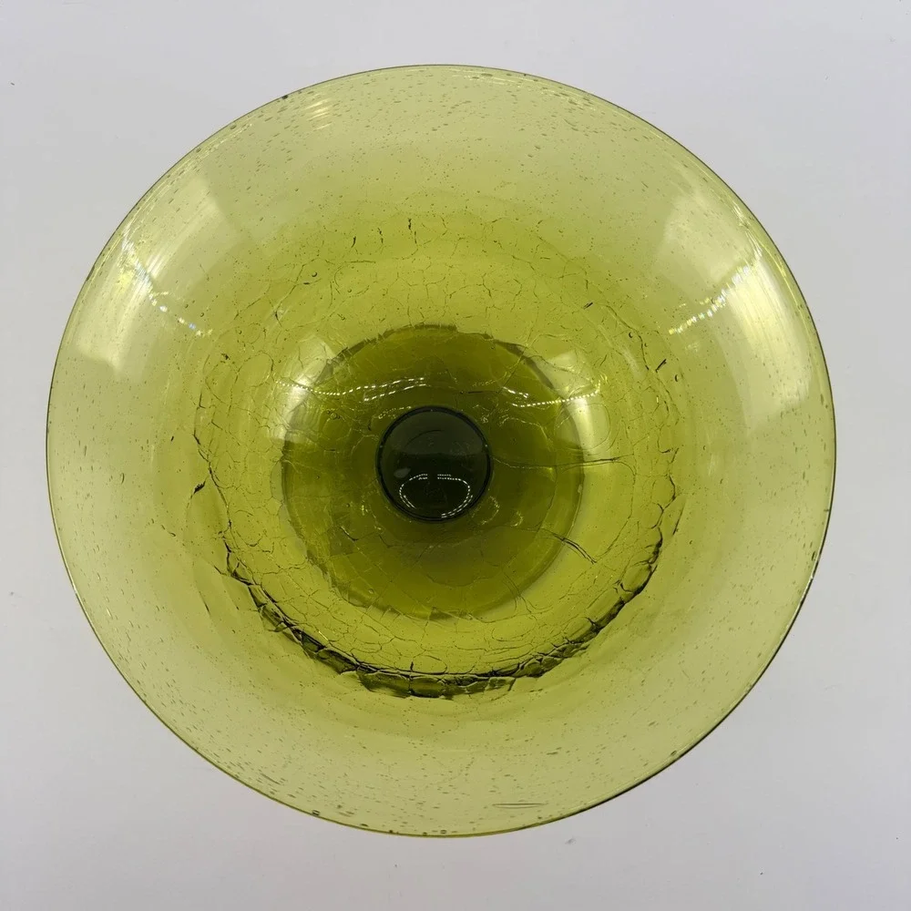 Blenko 931 Chartreuse Green Crackle Glass Footed Bowl Mid Century Modern MCM
